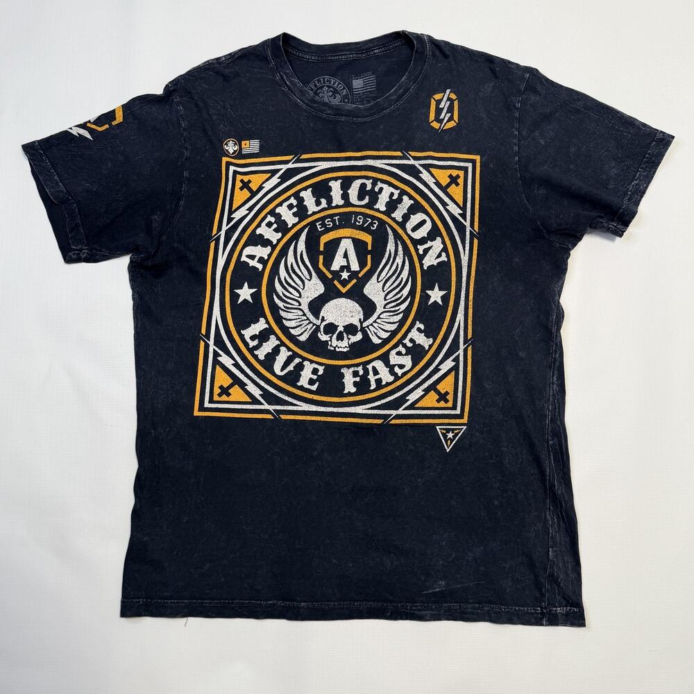 Affliction Shirt Mens Extra Large Black Live Fast Graphic Mineral Wash Tee Skull
